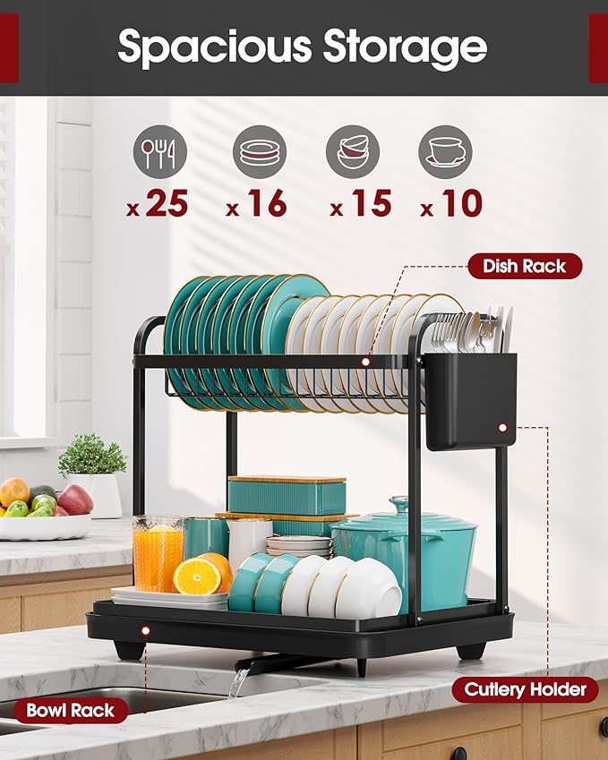 Sakugi 2-Tier Dish Drying Rack - Stainless Steel Dish Rack with Cutlery & Utensil Holders for Kitchen Counter, Sink Organization and Storage Essentials, Home Decor, 15" W x 11.4" L x 15" H, Black
