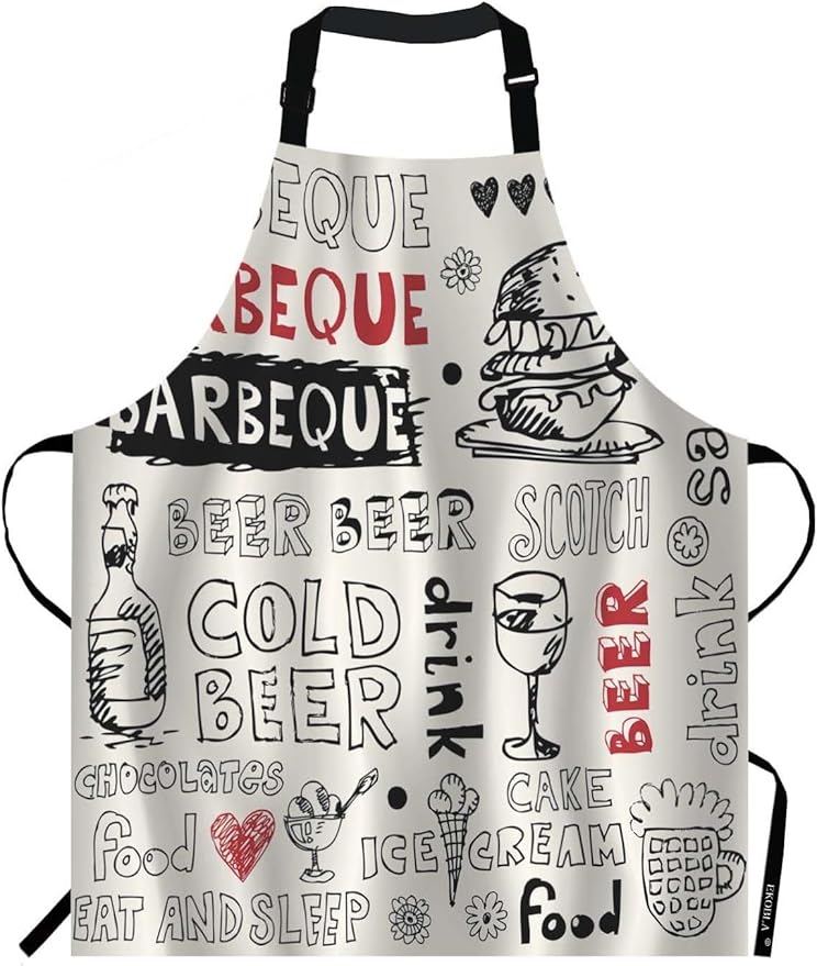 EKOBLA Barbecue Aprons Cold Beer Scotch Food Ice Cream Cake Sandwich Drink Burger Waterproof Resistant Chef Cooking Kitchen BBQ Adjustable Aprons for Women Men 27x31 Inch