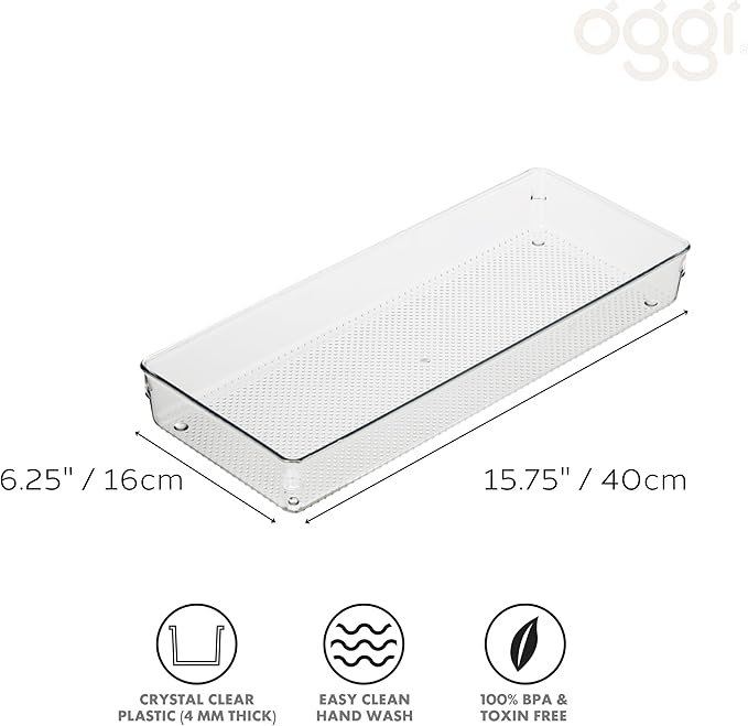 Oggi Clear Drawer Organizer | 6" x 15" | Pack of 2 | For Kitchen & Office | For Bathroom Storage