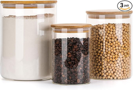 Glass Flour Storage Containers with Lids, Glass Jars with Bamboo Lids, Large Food Storage Jar, Sugar, Pantry Storage Container for Pasta Rice Flour Oats Nuts Tea Spice (Round 27oz+54oz+100oz)
