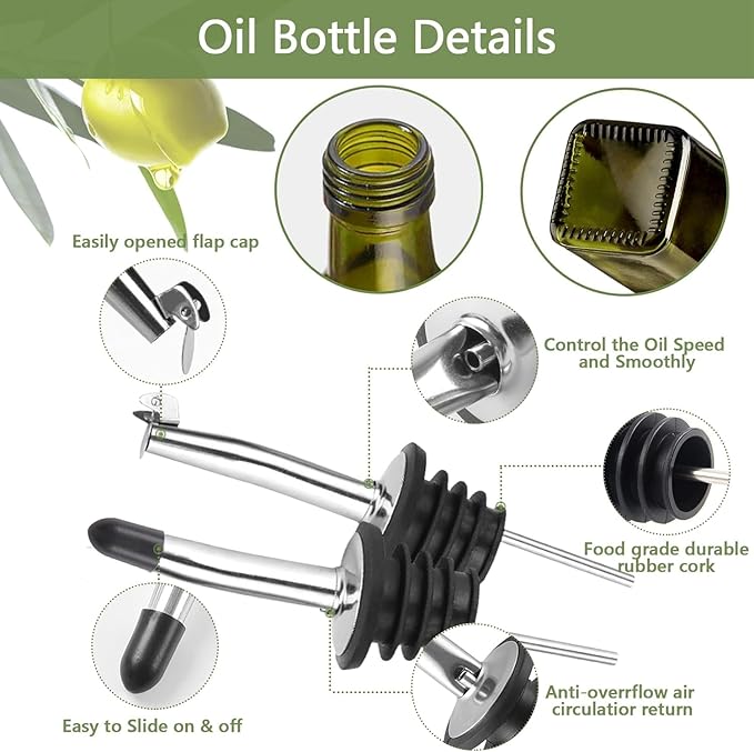 Olive Oil Dispenser Bottle, 17oz Glass Olive Oil Dispenser and Vinegar Dispenser Set 500ml Green Glass Oil Bottle Dispenser with Pourers,Funnel and Brush