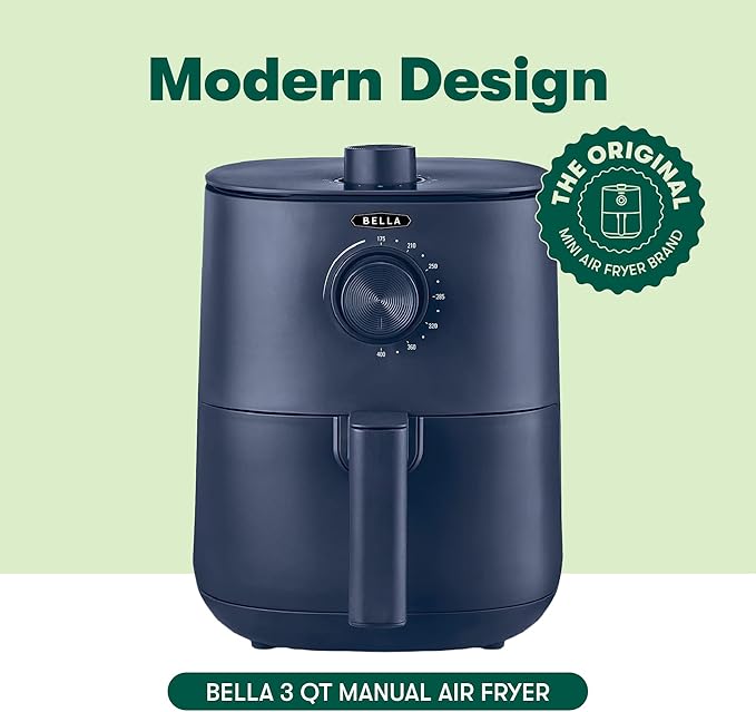 BELLA 2.9QT Manual Air Fryer, No Pre-Heat Needed, No-Oil Frying, Fast Healthy Evenly Cooked Meal Every Time, Removeable Dishwasher Safe Non Stick Pan and Crisping Tray for Easy Clean Up, Matte Blue