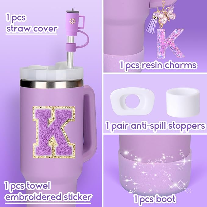 Mity rain 6PCS Cup Accessories Set for Stanley Cup 30oz 40oz tumbler with handle, Including Silicone Straw Topper Cover Cap and Boot, Spill Proof Stopper, Handle Charm, Initials Sticker (Letter K)