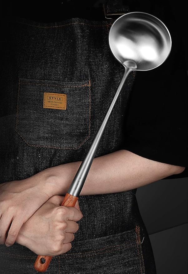 FJNATINH Soup Ladle, 17inches Ladle for wok, 304 Stainless Steel Soup Spoon Cooking Spoon for Kitchen with Wooden Handle