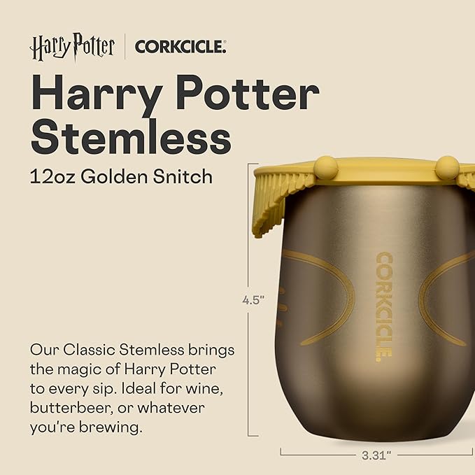 Corkcicle Stemless Insulated Wine Glass Tumbler - Keeps Beverages Cold 6 Hours & Hot 3 Hours - Stainless Steel - Easy-Grip - Summer Drinkware Gift - Keeps Drinks Ice Cold - 12 oz - Golden Snitch