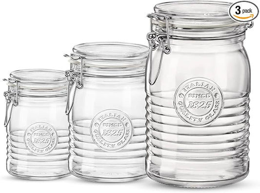 Bormioli Rocco Officina 1825, Set of 3 - Clear Glass Jars with Swing Top - Vintage Industrial Style Airtight Containers for Dry Food Storage, 33.75 Oz, 25.25 Oz, 17 Oz - Dishwasher Safe, Made in Italy