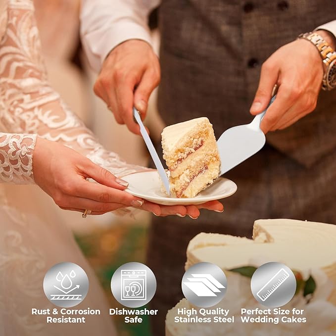 Wedding Cake Cutting Set, Elegant Wedding Cake Knife and Server Set with Thick Stainless Steel Wide Handle, Cake Cutting Set for Wedding Anniversary Christmas, Cake Cutter, 2 Cute Forks and Bows