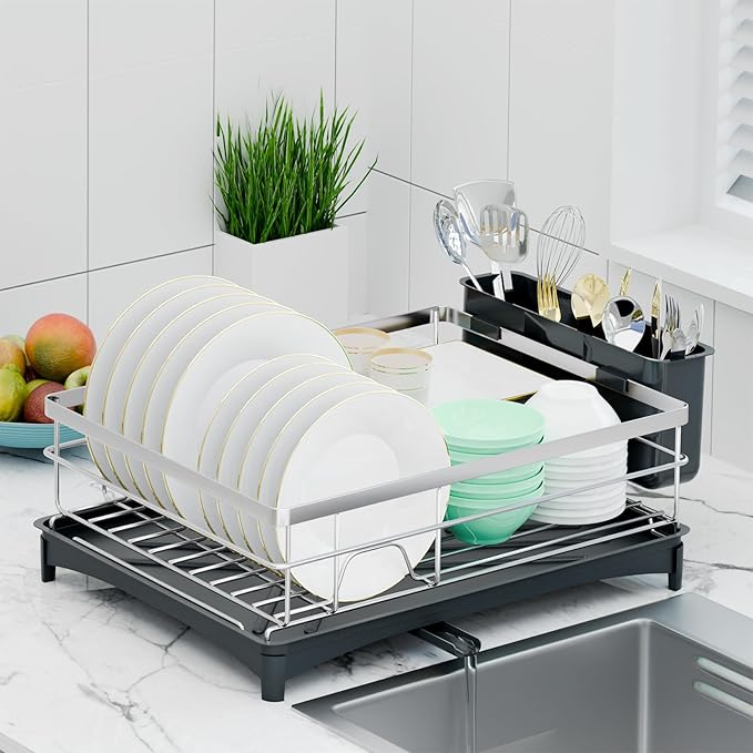Dish Drying Rack, Large Capacity Dish Drainers for Kitchen Counter with Removeable Cutlery Holder, Rustproof & Sturdy Auto-Drain Multifunctional Organizer for Plates,Cups,knife fork Storage Essentials