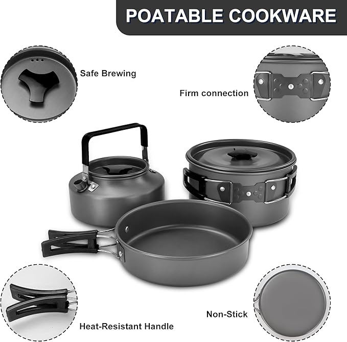 Camping Cooking Cookware Mess Kit - Non-Stick Lightweight Pot Pan Kettle Set with Collapsible Pour Over Coffee Dripper, Outdoor Kitchen Cook Essentials Gear for Camping Hiking Picnic