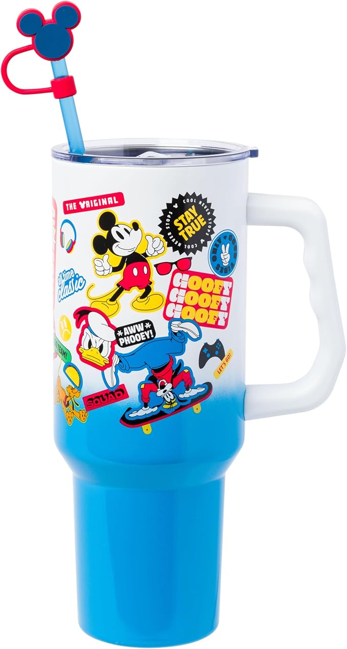 Silver Buffalo Disney Mickey and Friends Featuring Daisy, Donald Duck, Goofy, Pluto, Minnie Decals Stainless Steel Tumbler with Handle, Straw, and Straw Cap, Fits in Standard Cup Holder, 40 Ounces