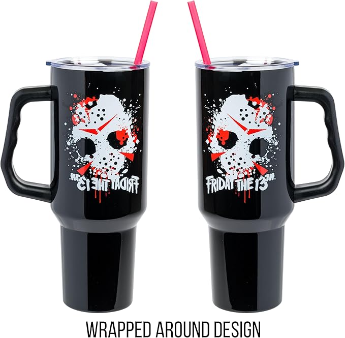 Silver Buffalo Friday The 13th Stainless Steel Tumbler with Handle Featuring Jason Voorhees’s Splatter Mask, Fits in Standard Cup Holder, 40 Ounces
