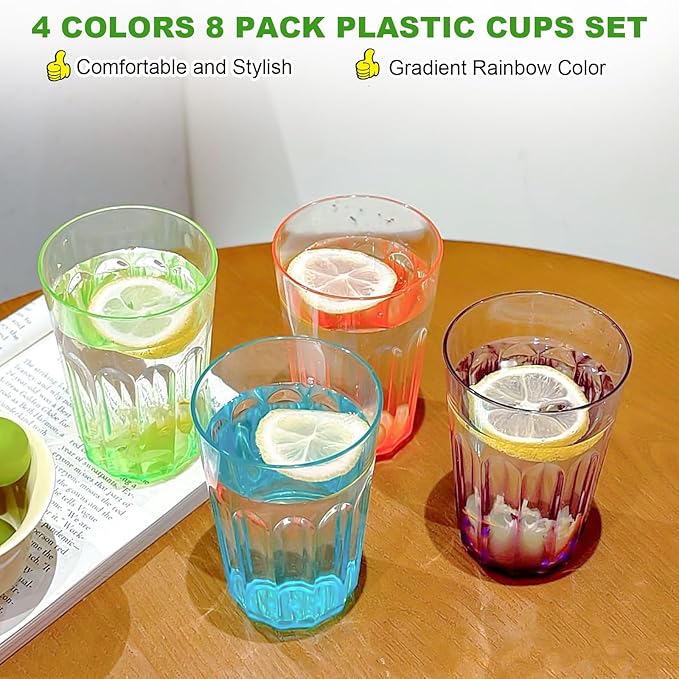 Plastic Drinking Glasses Set of 8, Plastic Cups Reusbale Tumblers for Kitchen Camping, Water Cup Set with Gradient Color, Unbreakable Bathroom Cups, BPA Free, Dishwasher Safe, 15.2oz, 4 Colors,8 Pack