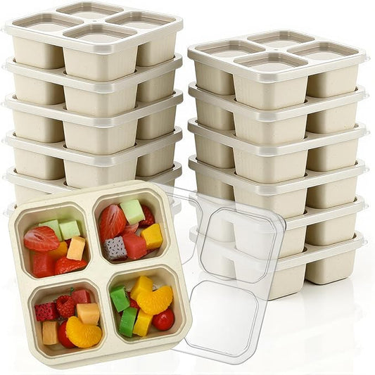 SHENLIU 6 Pack 4 Compartment Snack Containers, Beige Reusable Lunchable Container Divided Bento Snack Box with Lids Food Storage Containers for Adults Travel Work