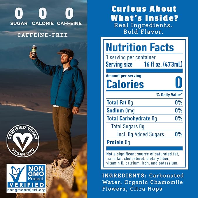 HOPLARK Sparkling HopTea – Chamomile and Citra Hops – Herbal Sparkling Tea with Floral Citrus and Cinnamon Notes – Zero Calorie – Caffeine-Free – 12 Pack 16oz Cans - The Calm One.