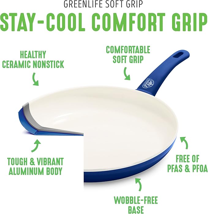 GreenLife Soft Grip Healthy Ceramic Nonstick, 12" Frying Pan Skillet with Lid, PFAS-Free, Dishwasher Safe, Blue