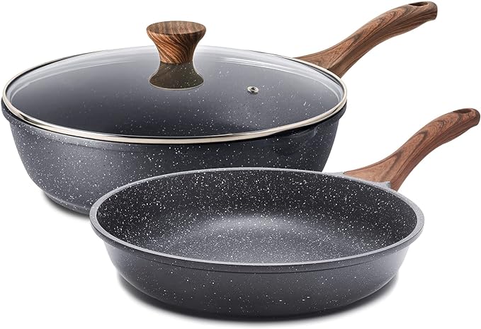 SENSARTE Nonstick Frying Pan Skillets, Swiss Granite Coating Omelette Pans, Healthy Cookware, Free of Intentionally Added PFOA (9.5 Inch Frying Pan and 5QT Saute Pan)