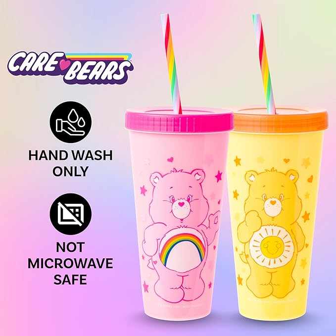 Silver Buffalo Care Bears Hearts and Stars 4 Pack Plastic Color Changing Tumblers with Rainbow Swirl Straws Featuring Tenderheart, Funshine, Cheer, and Grumpy Bear 24 Ounces