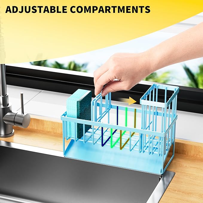 Cisily Blue Kitchen Sink Caddy Organzier with High Brush Holder, Sponge Holder for Sink, 304 Rustproof Stainless, Kitchen Countertop Soap Dispenser Organizer, Home Decor and Accessories