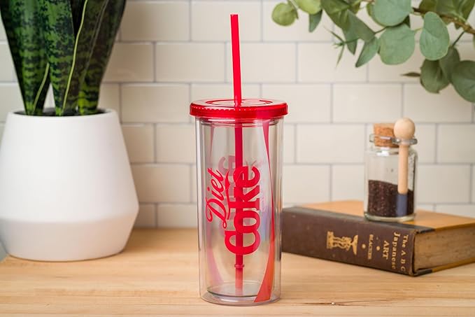 Silver Buffalo Coca Cola Diet Coke Plastic Tall Cold Cup with Lid and Straw, 20 Ounces