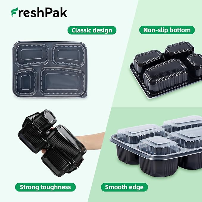 Meal Prep Container Reusable 40 Pack 34oz - Shrink Wrap Leakproof | Portion Control Leftover Plastic Food Containers with Lid | BPA Free Freezer & Microwave Safe | 4 Compartment Takeout Boxes
