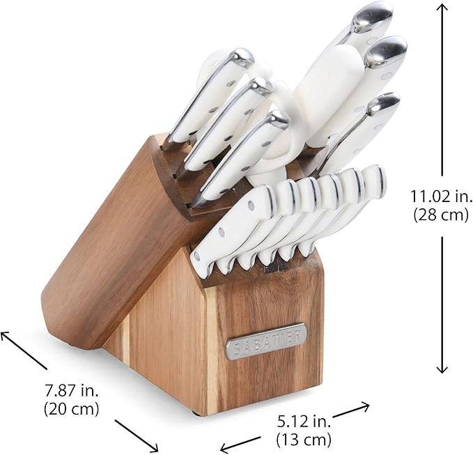 Sabatier 15-Piece Forged Triple Rivet Knife Block Set, High-Carbon Stainless Steel Kitchen Knives, Razor-Sharp Knife set with Acacia Wood Block, White Handles