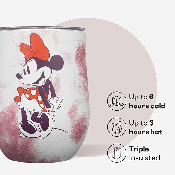 Corkcicle Stemless Insulated Wine Glass Tumbler - Keeps Beverages Cold 6 Hours & Hot 3 Hours - Stainless Steel - Easy-Grip - Summer Drinkware Gift - Keeps Drink Ice Cold - 12 oz - Minnie Mouse Tie Dye