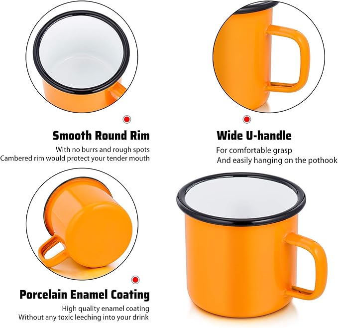 P&P CHEF Enamel Camping Coffee Mug Set of 6, Small Colored Mugs Cups for Family Gathering/Friend Party/Camping/Picnic/Fishing, Lightweight & Portable -12 Ounce, 350ML & Yellow