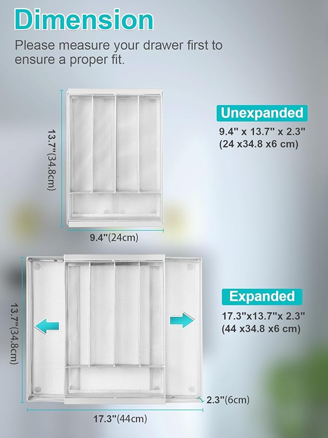 Silverware Organizer Metal Mesh, Drawer Organizer, Utensil Cutlery Tray for kitchen drawers,Expandable Flatware Organizer with 7 Compartment White 9.4"~17.3" x 13.7"