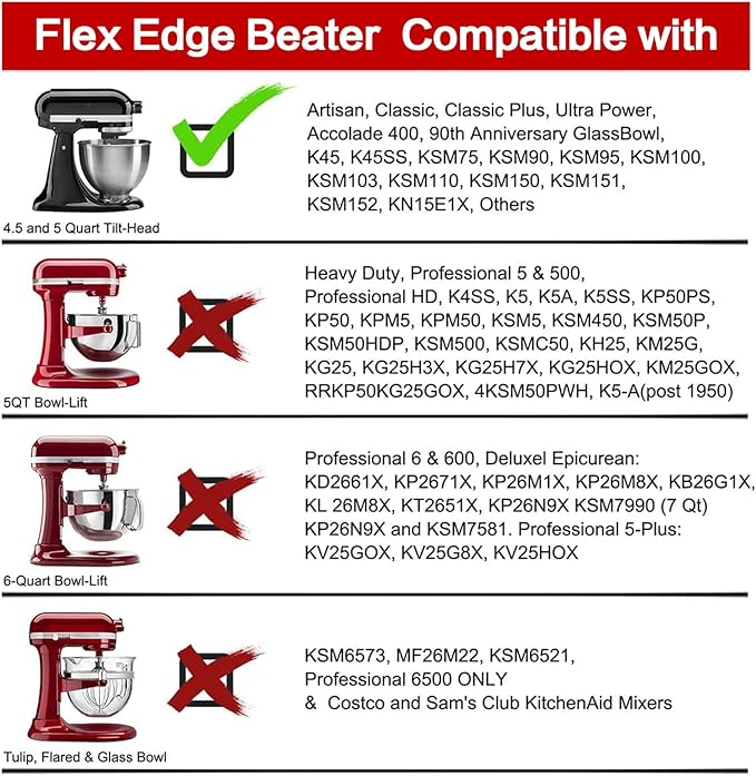 Flex Edge Beater for KitchenAid Tilt-Head Stand Mixer, 4.5-5 Quart Flat Beater Paddle with Flexible Silicone Edges Bowl Scraper, Grey