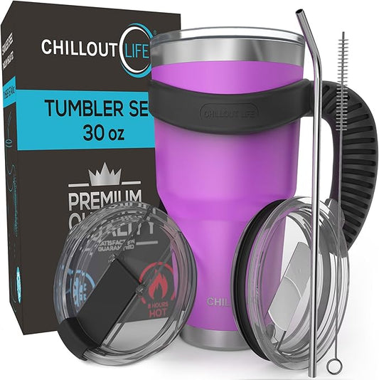 Stainless Steel Travel Mug with Handle 30 oz – 6 Piece Set. Tumbler with Handle, Straw, Cleaning Brush & 2 Lids. Double Wall Insulated Large Coffee Mug Bundle - Purple Powder Coated Tumbler