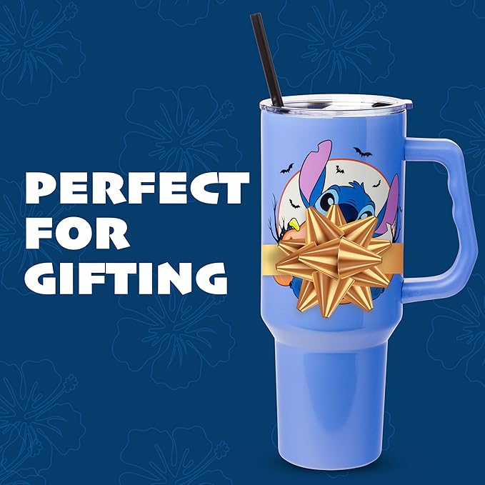 Silver Buffalo Disney Lilo and Stitch Halloween Spooky Pumpkin Jack-O-Lantern Stainless Steel Tumbler with Handle and Straw, Fits in Standard Cup Holder, 40 Ounces