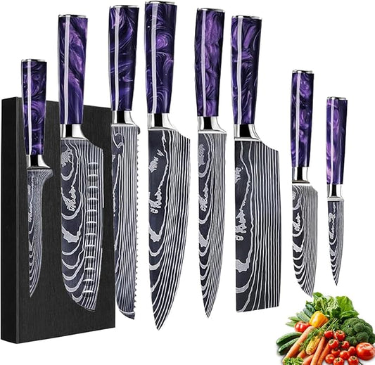 8-Piece Premium Japanese Kitchen Knife Set - Imperial Collection, Laser Damascus Pattern, 440A Stainless Steel Ultra Sharp for Fast Cutting (Purple 8J)