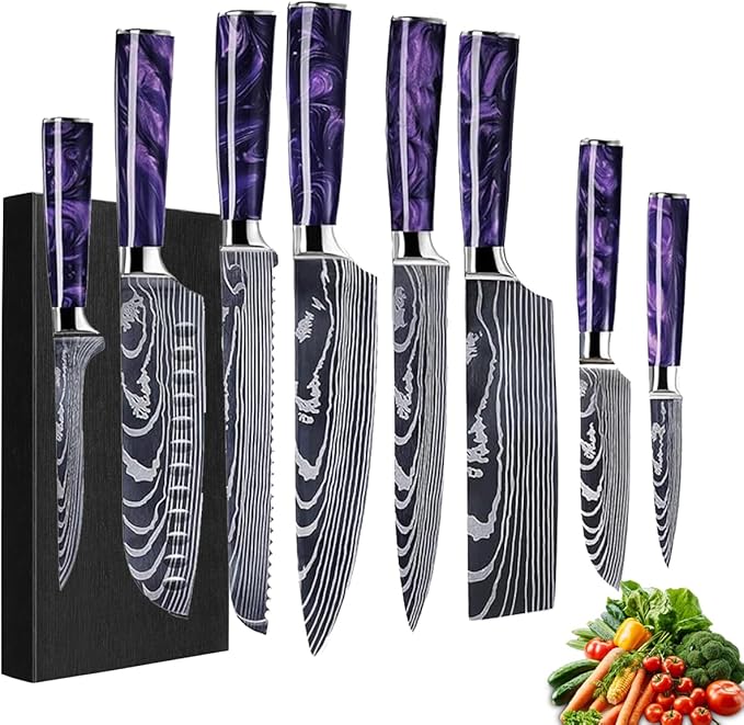8-Piece Premium Japanese Kitchen Knife Set - Imperial Collection, Laser Damascus Pattern, 440A Stainless Steel Ultra Sharp for Fast Cutting (DMS-8A-Purple)