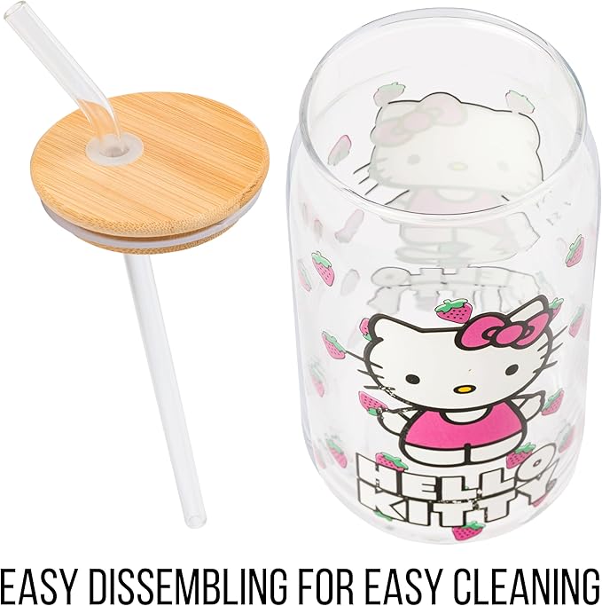 Silver Buffalo Sanrio Hello Kitty Strawberry Glass Jar Tumbler with Bamboo Lid and Glass Straw, 16 Ounces (Pack of 12)