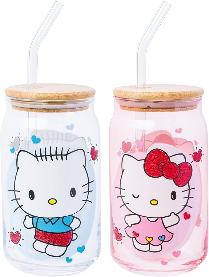 Silver Buffalo Sanrio Hello Kitty and Friends Featuring Dear Daniel 2 Pack Glass Jar Tumbler with Bamboo Lid and Glass Straw, 16 Ounces