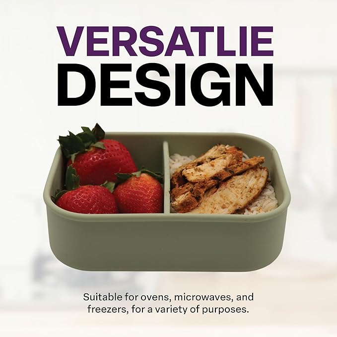 Silicone Bento Box, 2 Compartments, BPA-Free, Leak-Resistant, Dishwasher and Microwave Safe, Perfect for Work, Travel & Meal Prep, (Green)