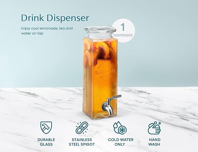 Kook Drink Dispenser, 80 oz, Water Dispenser Countertop, Glass Drink Dispenser, Beverage dispenser, with Leak-Proof Spigot, Clear Rectangular Jar, Storage for Party, Fridge, for Water, Iced Tea