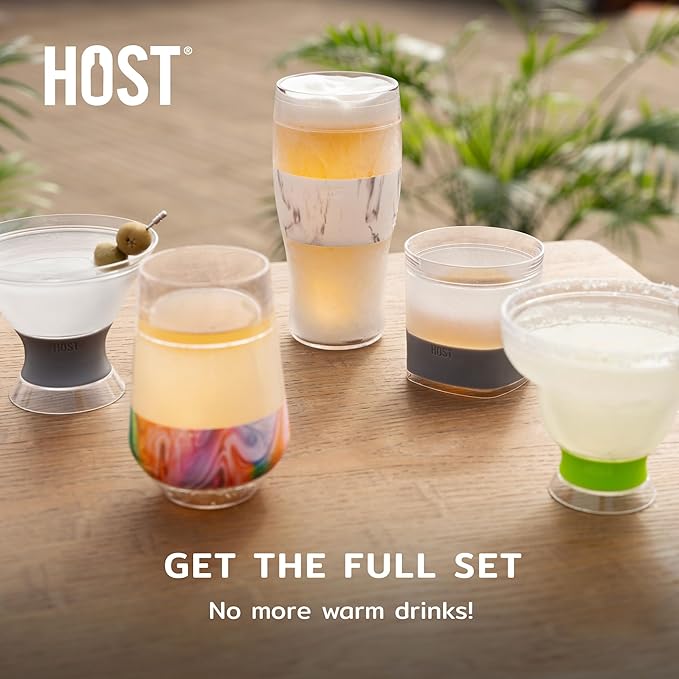 HOST Freeze Insulated Martini Cooling Cups, Plastic Freezer Gel Chiller Double Wall Stemless Cocktail Glass Bright Pink 9oz Set of 2