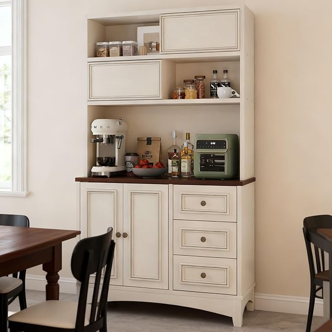 71" Antique White Pantry Cabinet with Charging Station, 4-Type Storage & Anti-Tip Design, Farmhouse Kitchen Cabinet with Adjustable Shelves