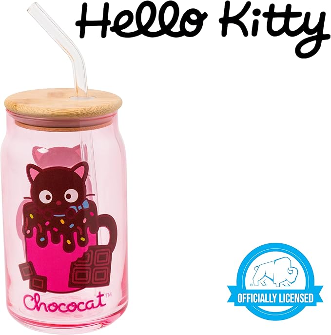 Silver Buffalo Sanrio Hello Kitty & Friends Chococat Chocolate Pink Glass Jar Tumbler with Bamboo Lid and Glass Straw, 16 Ounces (Pack of 12)