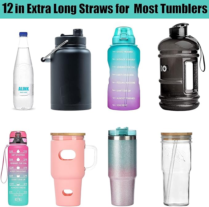 ALINK 10 Pack Color Replacement Straws for Stanley 40 oz 30 oz Tumbler, 12 in Long Reusable Plastic Glitter Straws for Stanley Cup Accessories, Half Gallon Jug, Plus 2 Cleaning Brush
