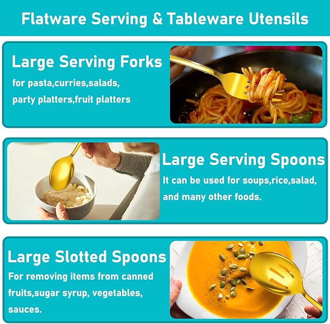 Serving Utensils, 15 Pcs Stainless Steel Large Flatware Serving Tools Kit, Included Spoons, Forks, Tongs, Slotted Spoon, Ladle, Cake Server for Kitchen Catering Banquet Wedding Buffet Party, Gold