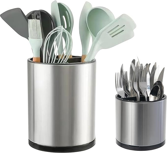 Kitchen Utensil Holder Extra Large Rotating For Counter Organizer Stainless Steel Storage Cooking Silverware Caddy 3 Compartment Flatware Spoon Spatula Tool Cutlery Container（2 Set Silvery）