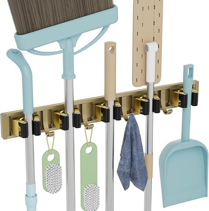 reliahom Broom Holder Wall Mount Mop and Broom Hanger Wall Mounted Garage Storage Rack Kitchen Garden Tool Organizer (5 Racks with 4 Hooks, Bronze)