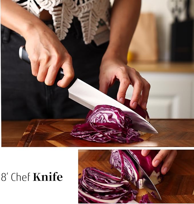 Black Knife Set with Wooden Block, 7 Pieces Sharp Knife Block Set with Stainless Steel Blade Ergonomic Handle, Dishwasher Safe Knives Set