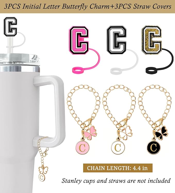 （3 +3) Nuozme Straw Cover Compatible with Stanley Tumbler Cup 3PCS Letter Straw Caps Toppers with 3 Initial Butterfly Charms Name ID For Stanley 30&40 Oz Cup