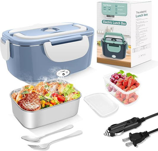 Electric Heated Lunch Boxes Adults: 80W Electric Lunch Box Food Heated 12/24/110V 1.5L Heatable Lunch Box for Car/Truck/Office Leak-Proof Stainless Steel Container,Fork & Spoon,Bag (Light Blue+White)