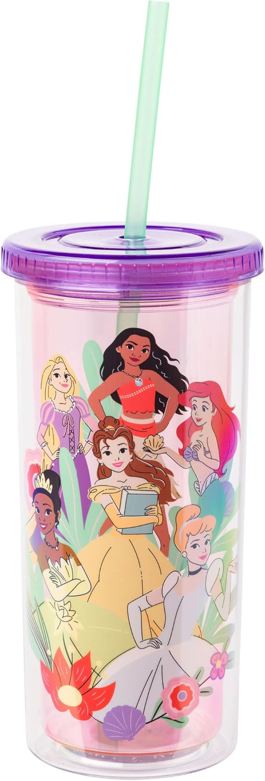 Silver Buffalo Disney Princess Featuring Moana, Rapunzel, Ariel, Tiana, Belle, and Cinderella Plastic Tall Cold Cup with Lid and Straw, 20 Ounces