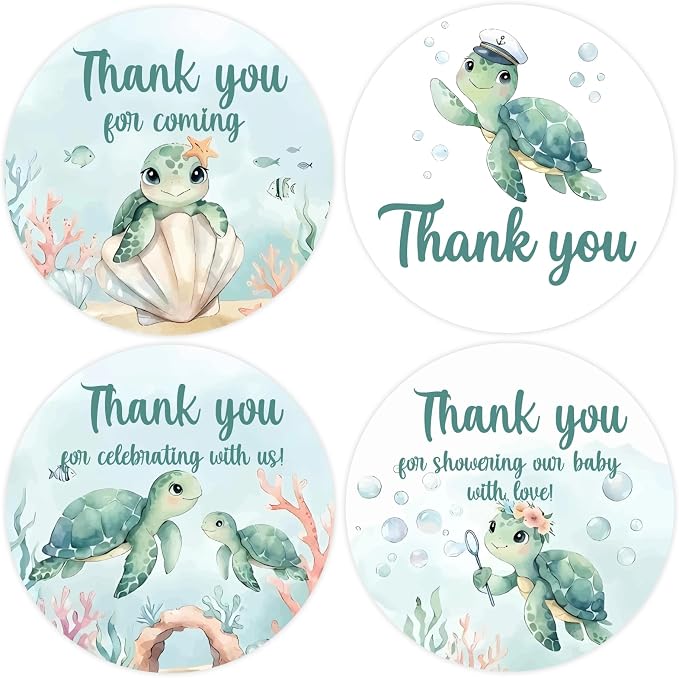 Serencatcher Sea Turtle Baby Shower Thank You Stickers, Ocean-Themed Birthday by Serencatcher