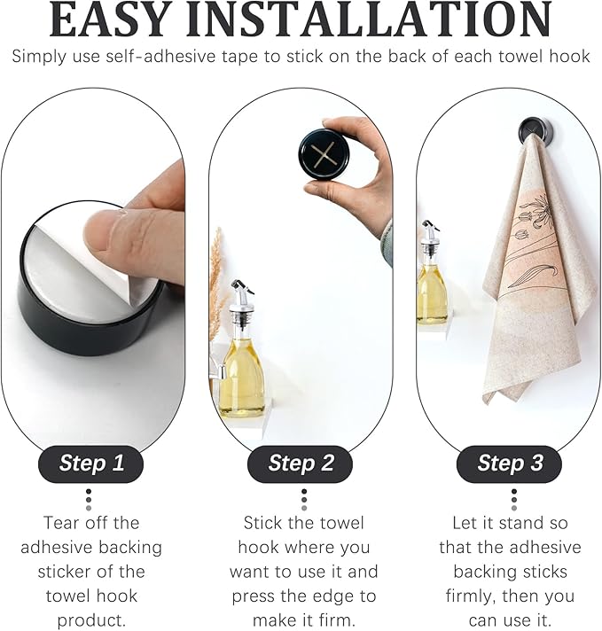 3 Pieces Kitchen Towel Hooks Round Adhesive Dish Towel Hook Premium Chrome Finish & Easy Installation Wall Mount Hand Towel Hook Ideal as Bathroom, Shower or Outdoor Towel Holders (Black)